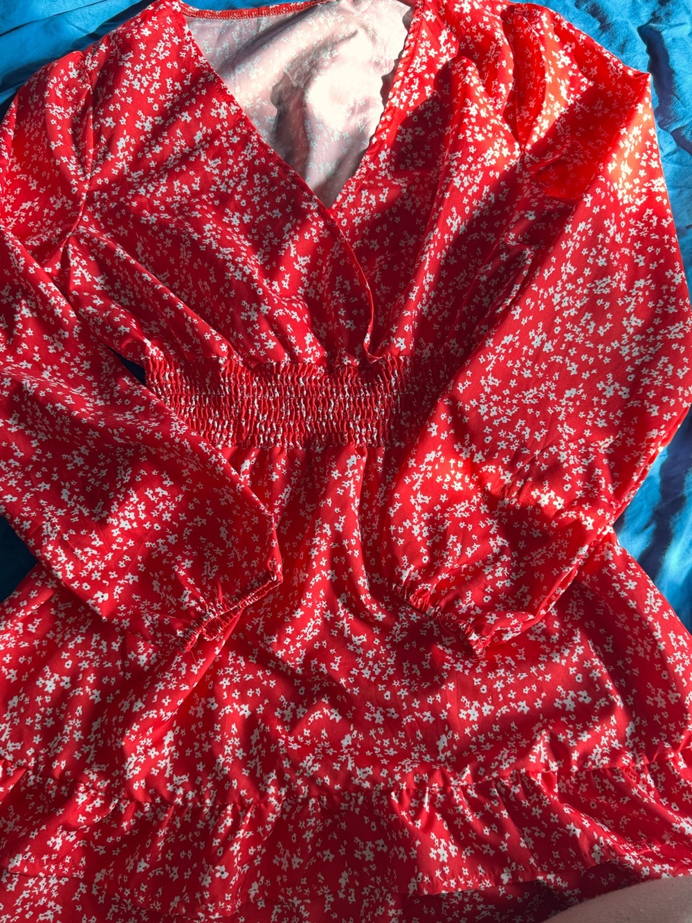 Red Floral Mini Dress with Smocked Waist